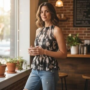 Old Navy Womens Sleeveless Peplum Blouse Black Abstract Print Smocked Waist MED